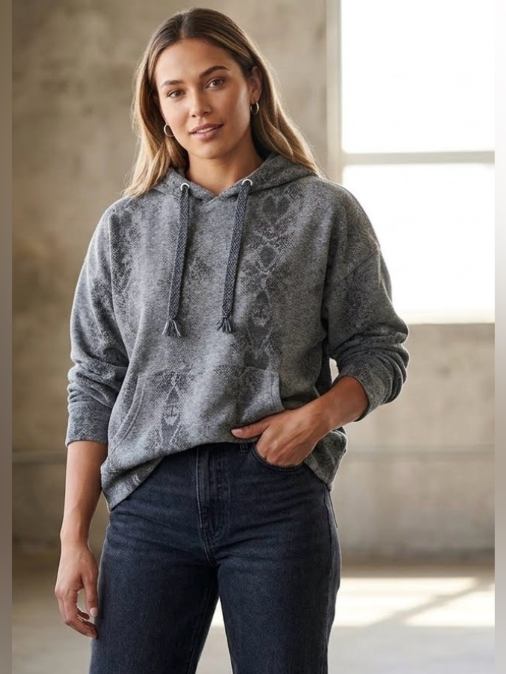 Monrow Grey Metallic Foil Snakeskin Print Pullover Hoodie